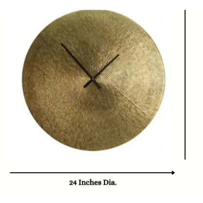 Gold wall clock with black hands on a white background, labeled '24 Inches Dia