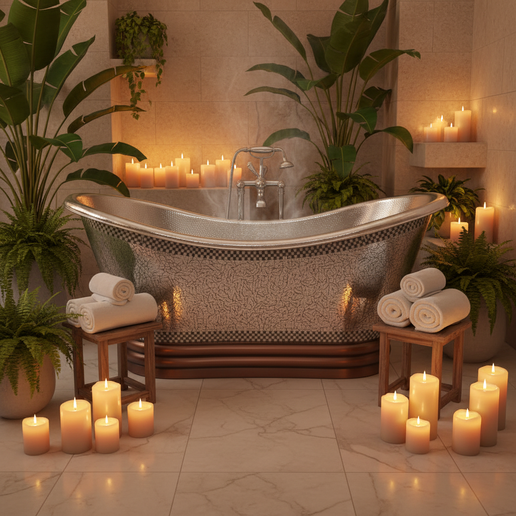 Luxurious bathroom with a bathtub, candles, and plants