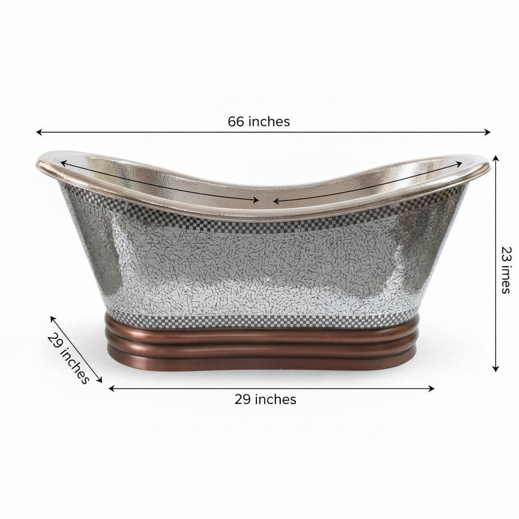 Dimensions of a freestanding bathtub with measurements indicated.