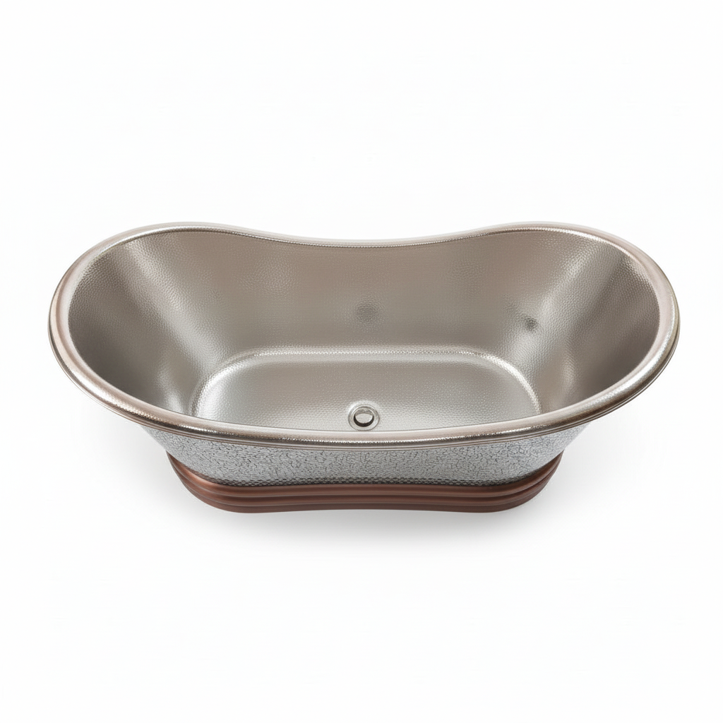 Metallic bathtub with speckled texture on a white background