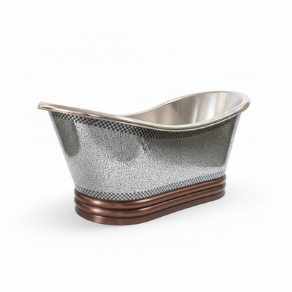 Metallic silver and bronze decorative bowl on a white background