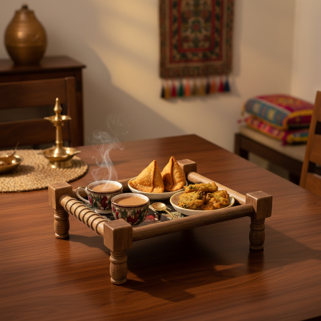 Wooden tray with food and tea on a wooden table, with a warm and cozy atmosphere.