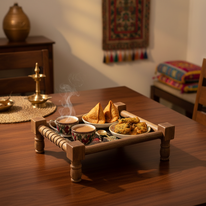 Wooden tray with food and tea on a wooden table, with a warm and cozy atmosphere.