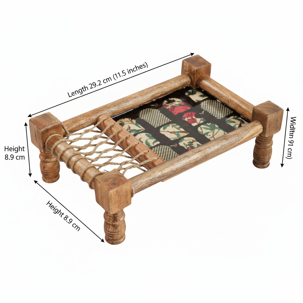 Wooden pet bed with dimensions on a white background