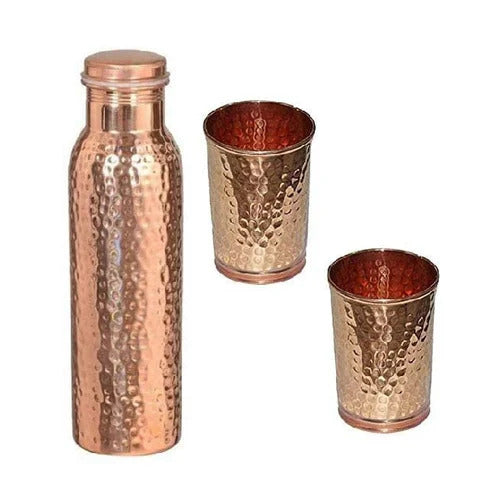 Hammered Copper Water Bottle With 2 Glass Set – 900 ml