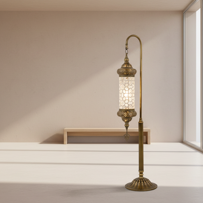 Decorative floor lamp with intricate design in a minimalistic room.