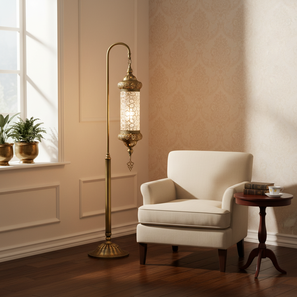 Decorative floor lamp in a room with a white armchair and side table.