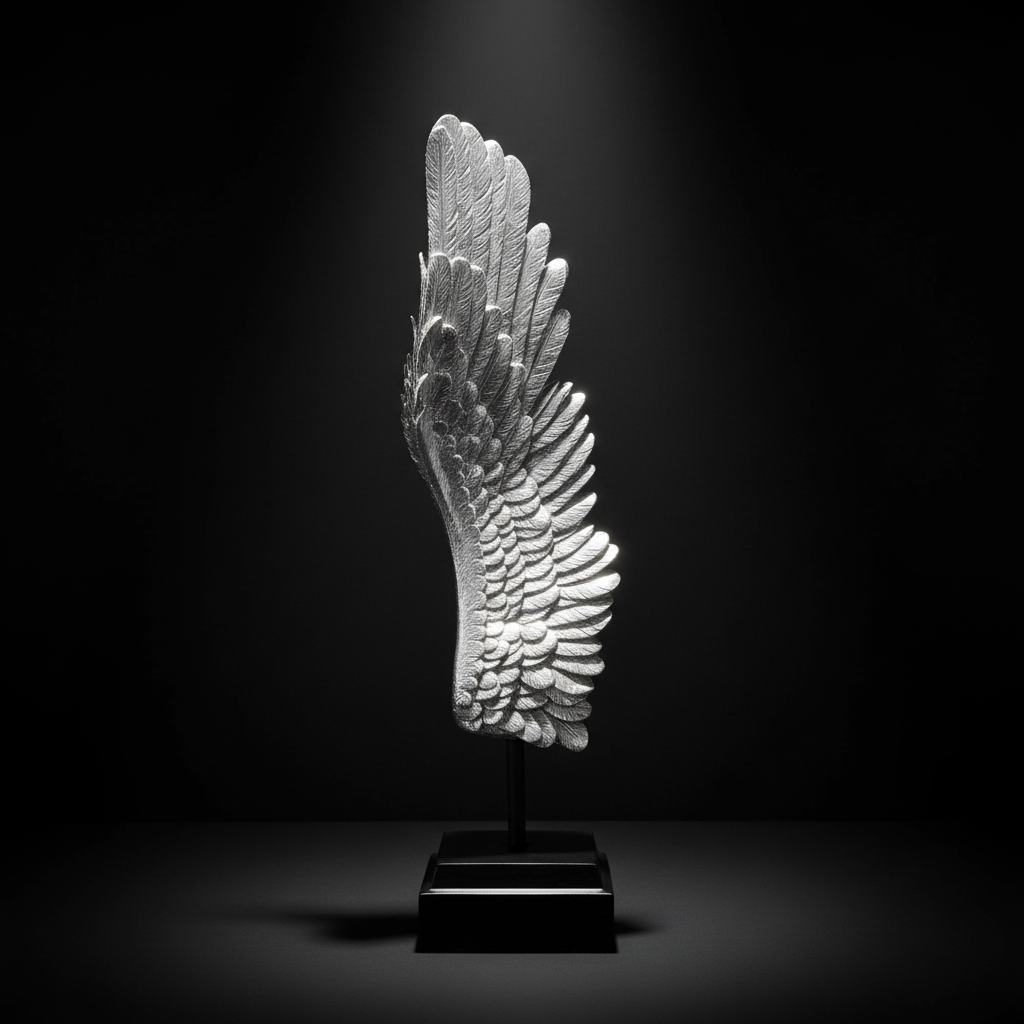 Decorative wing sculpture on a stand against a black background