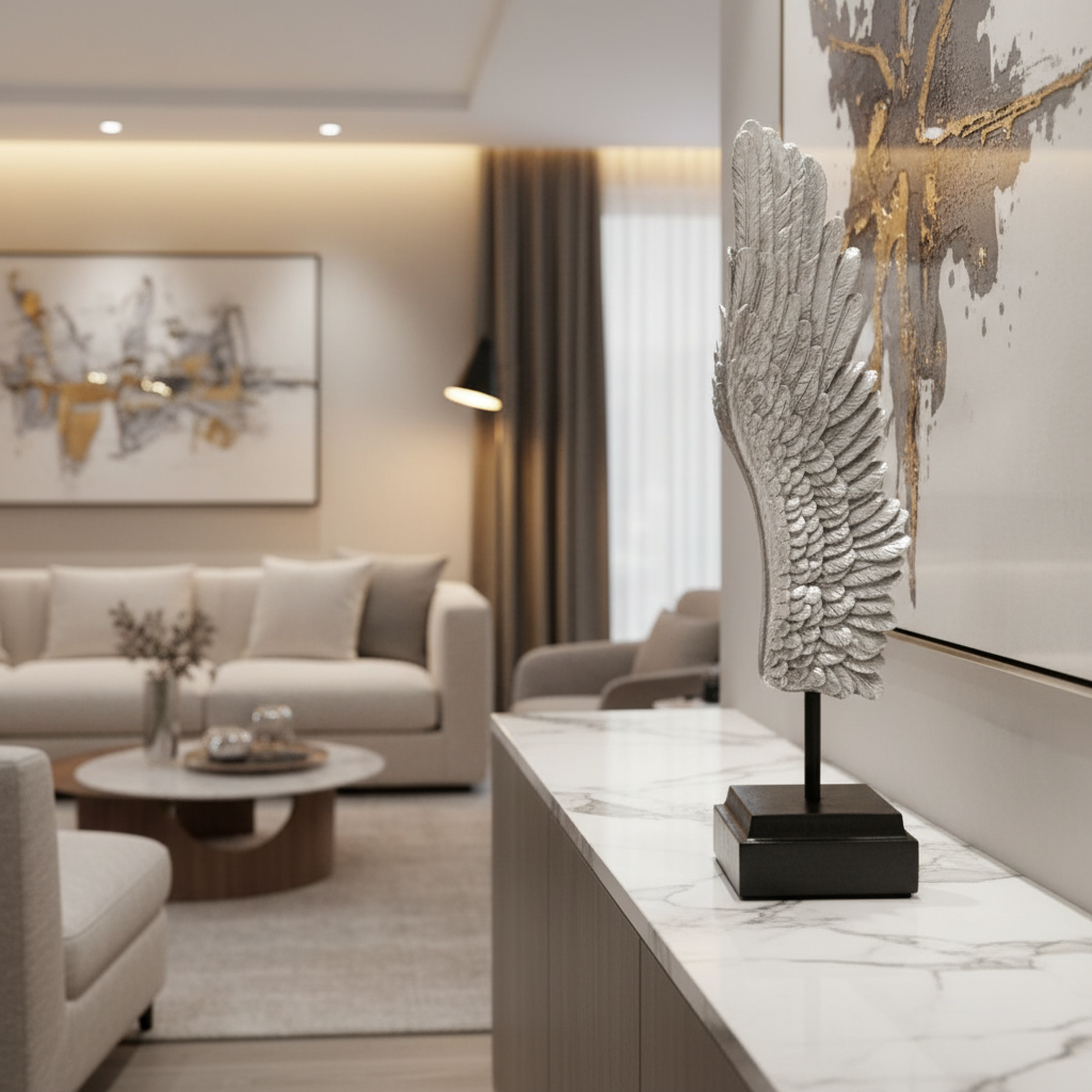 Modern living room with a decorative sculpture on a marble surface
