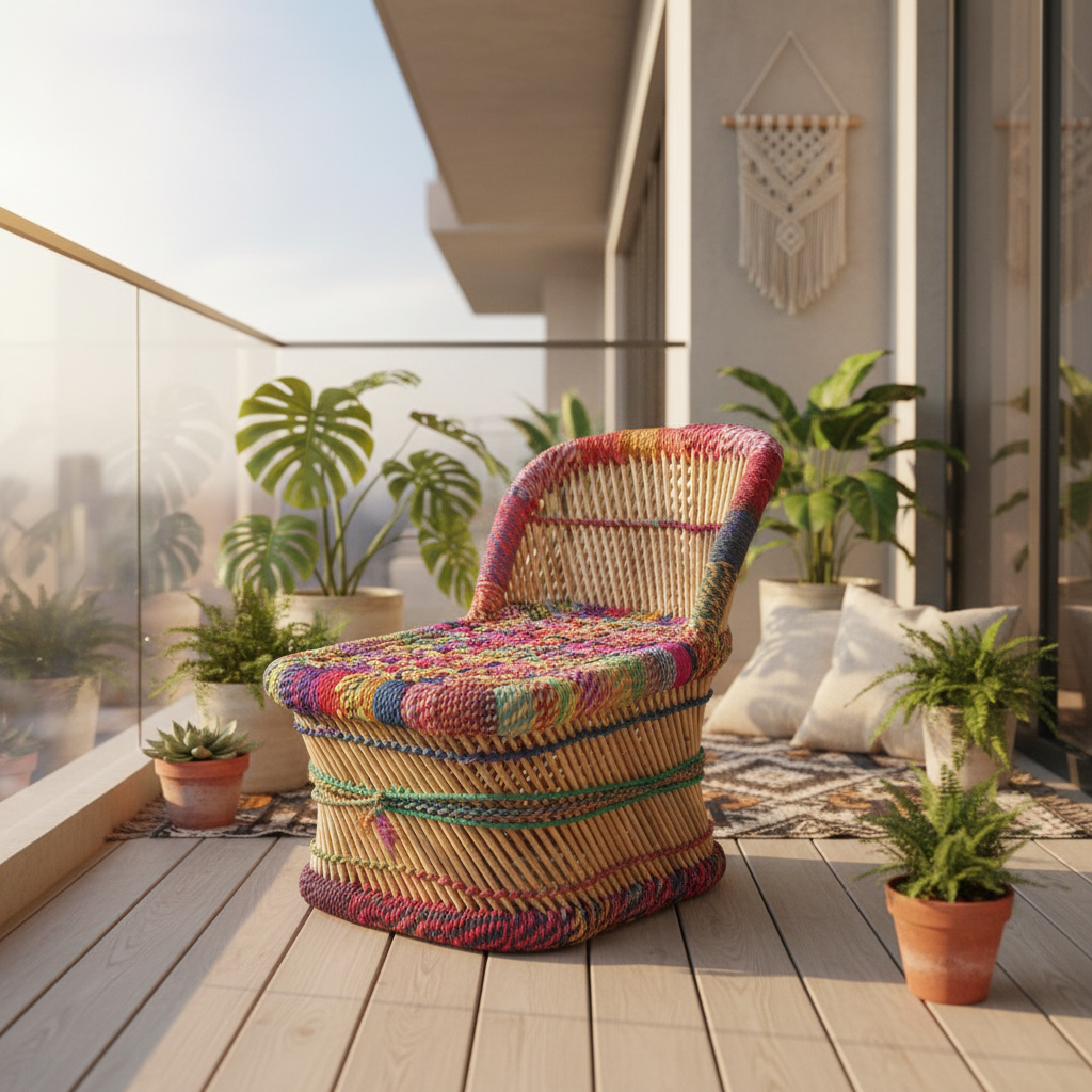Colorful woven chair on a wooden deck with plants and cushions
