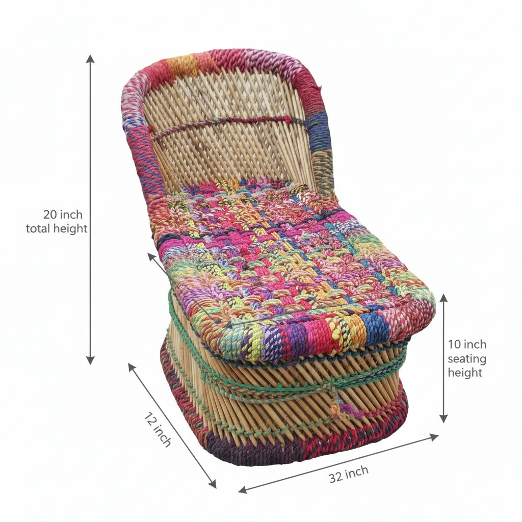 Colorful woven chair with dimensions labeled on a white background