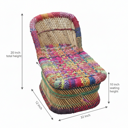 Colorful woven chair with dimensions labeled on a white background