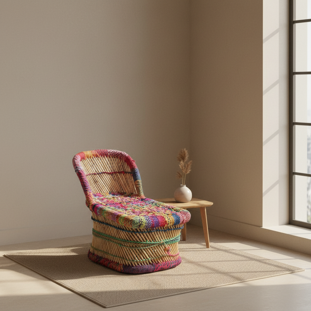 Colorful wicker chair in a minimalistic room with a vase on a small table.