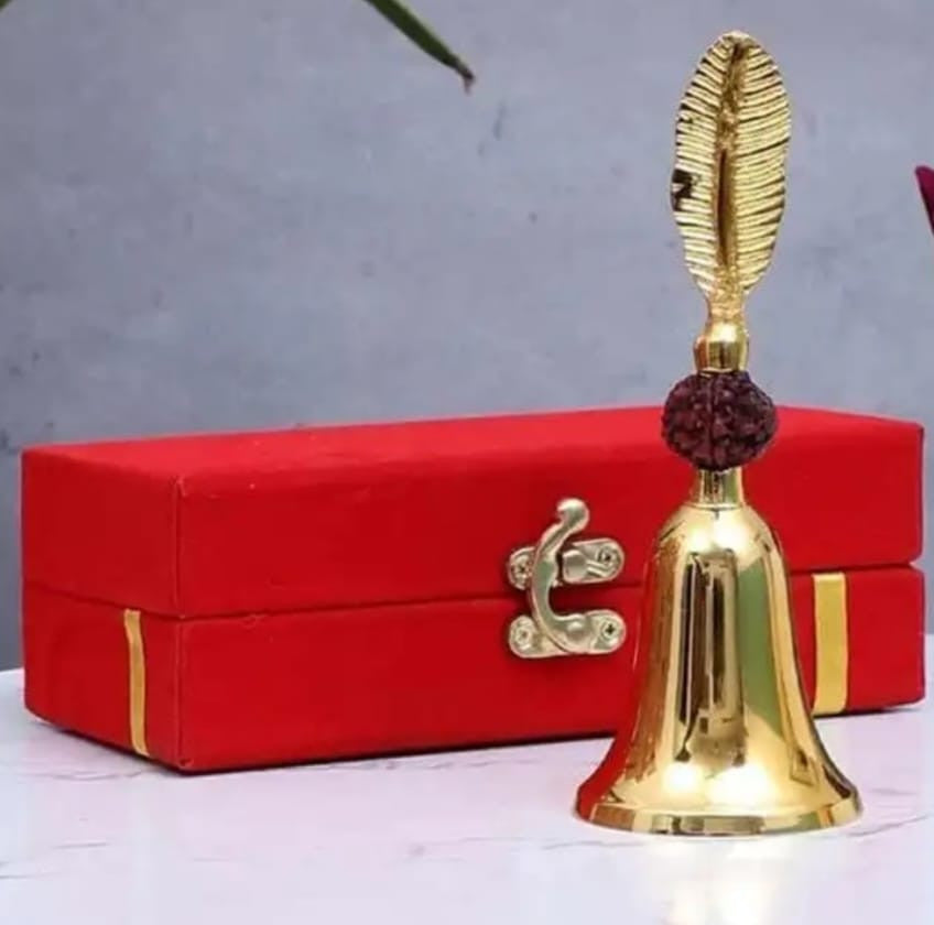 Gold Plated Rudraksha Pooja Bell – Decorative Brass Bell with Packaging (6 × 3.5 × 3.5 Inch)