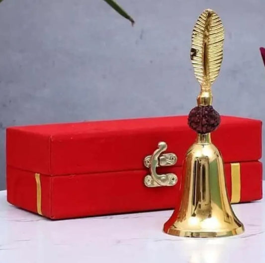 Gold Plated Rudraksha Pooja Bell – Decorative Brass Bell with Packaging (6 × 3.5 × 3.5 Inch)