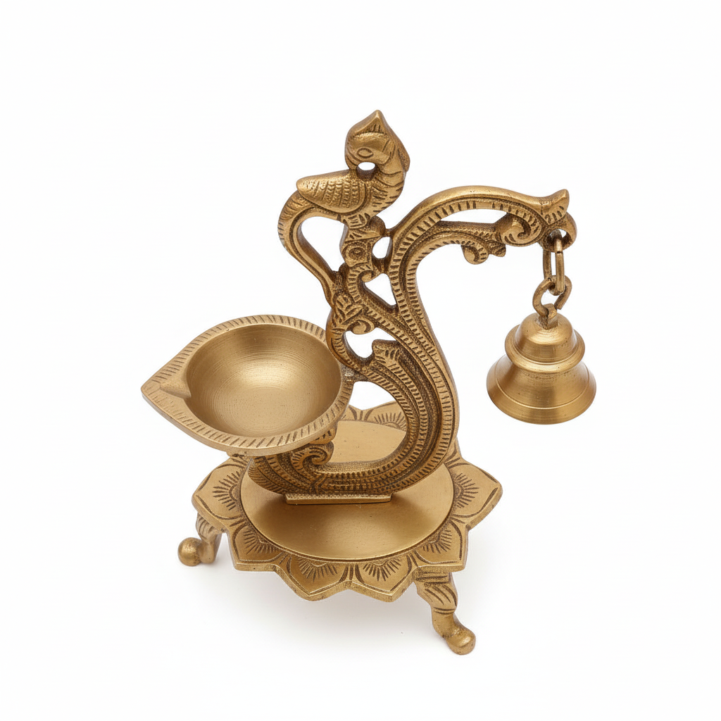 Decorative brass lamp with intricate design on a white background