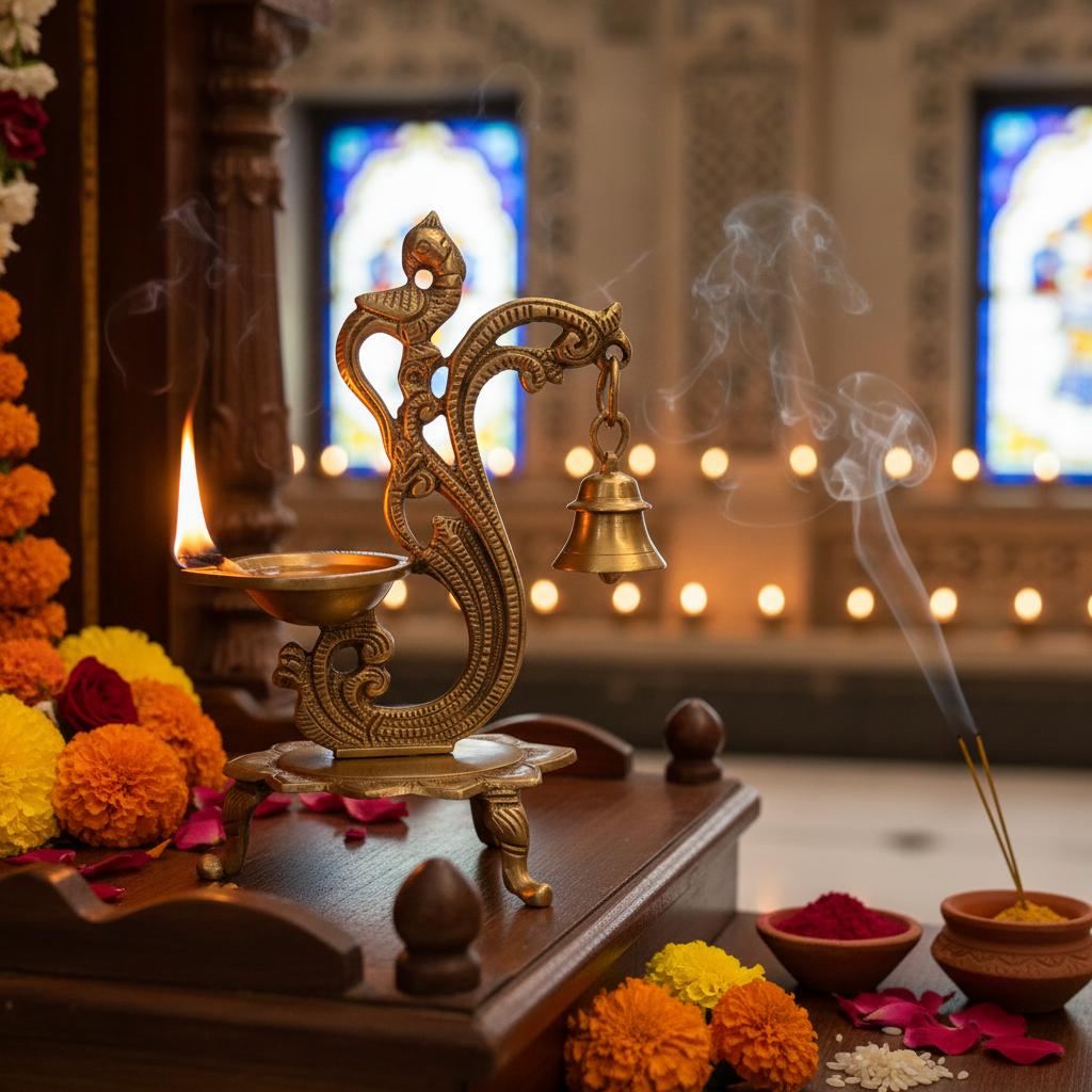 Decorative altar with a brass lamp, flowers, and incense sticks in a softly lit room.