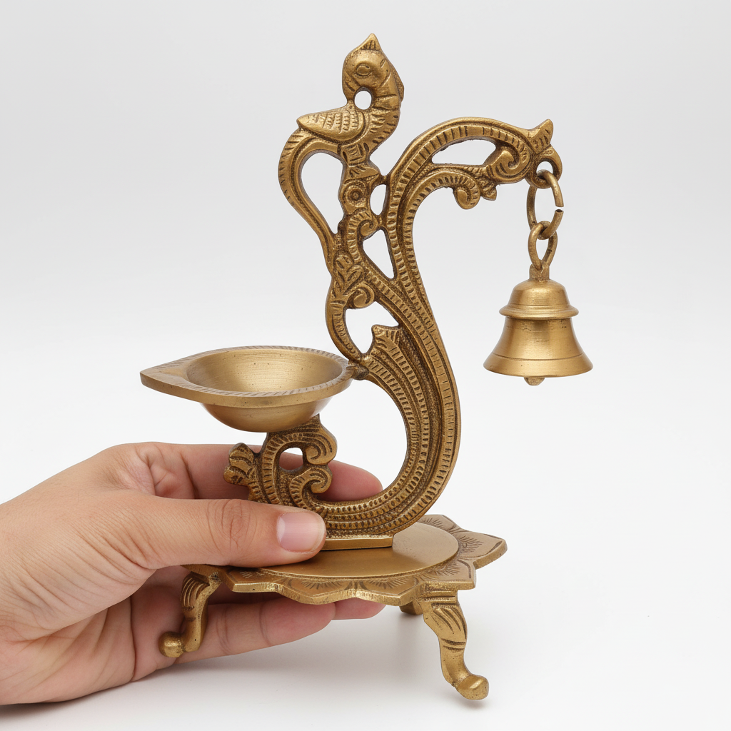 Decorative brass lamp with bell held by a hand on a white background
