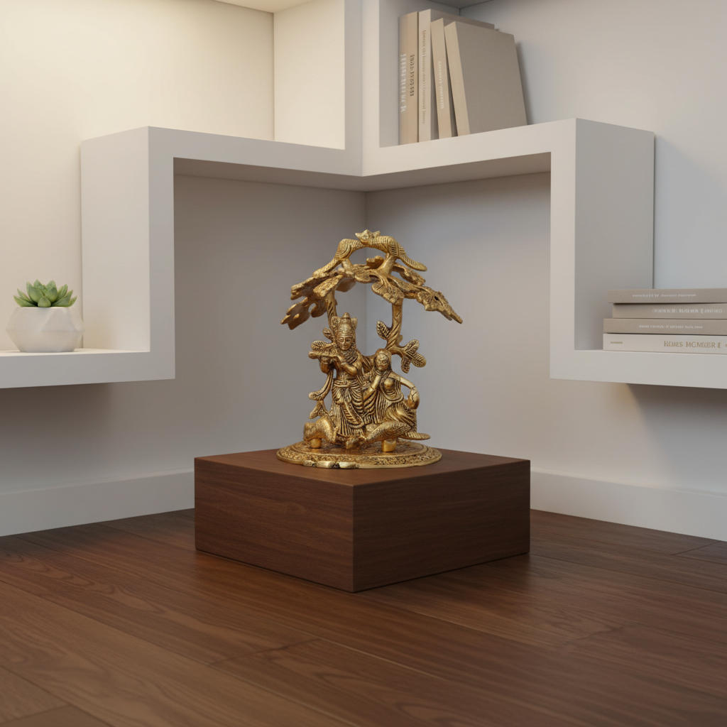 Gold decorative statue on a wooden pedestal in a room with white shelves and books.