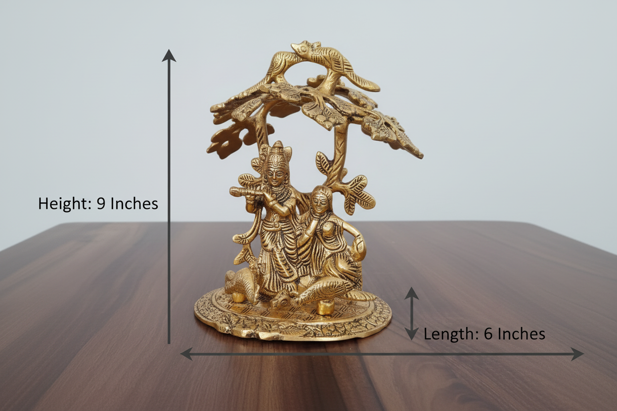 Gold-colored statue with measurements on a wooden surface
