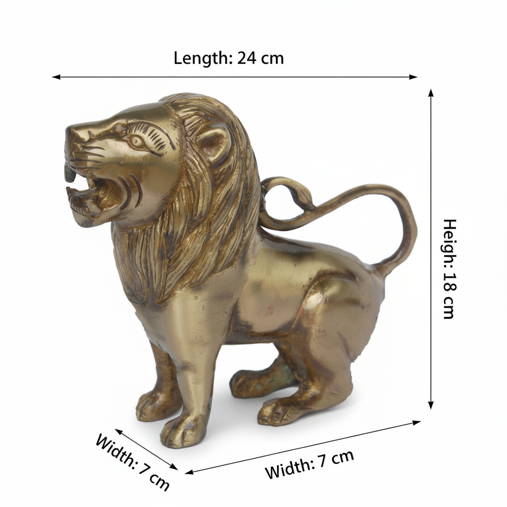 Brass lion statue with dimensions on a white background