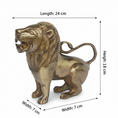 Brass lion statue with dimensions on a white background