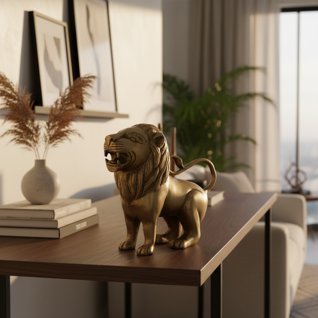 Bronze lion-shaped object held in a hand against a white background