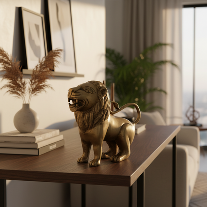 Bronze lion-shaped object held in a hand against a white background