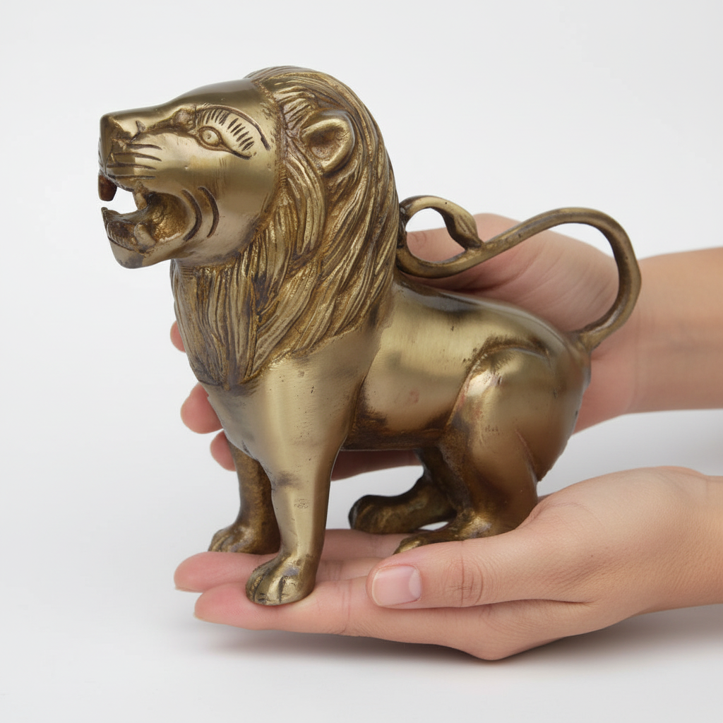Bronze lion-shaped object held in a hand against a white background