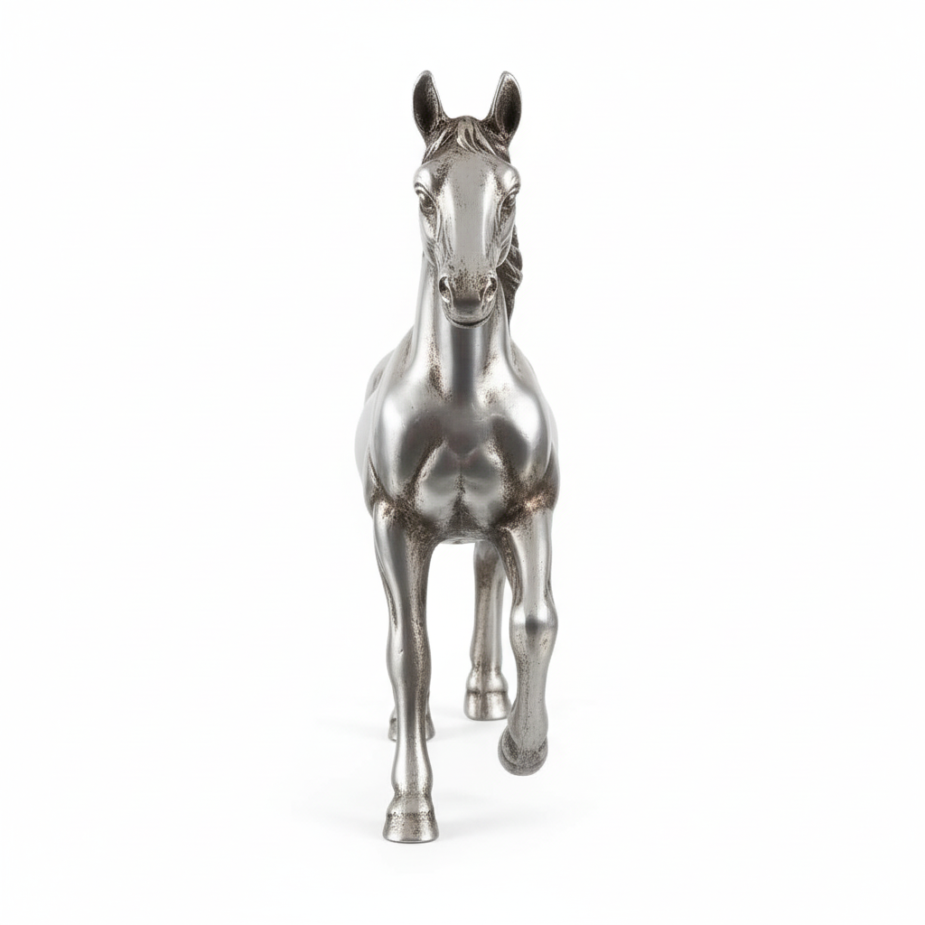 Metallic horse figurine on a white background