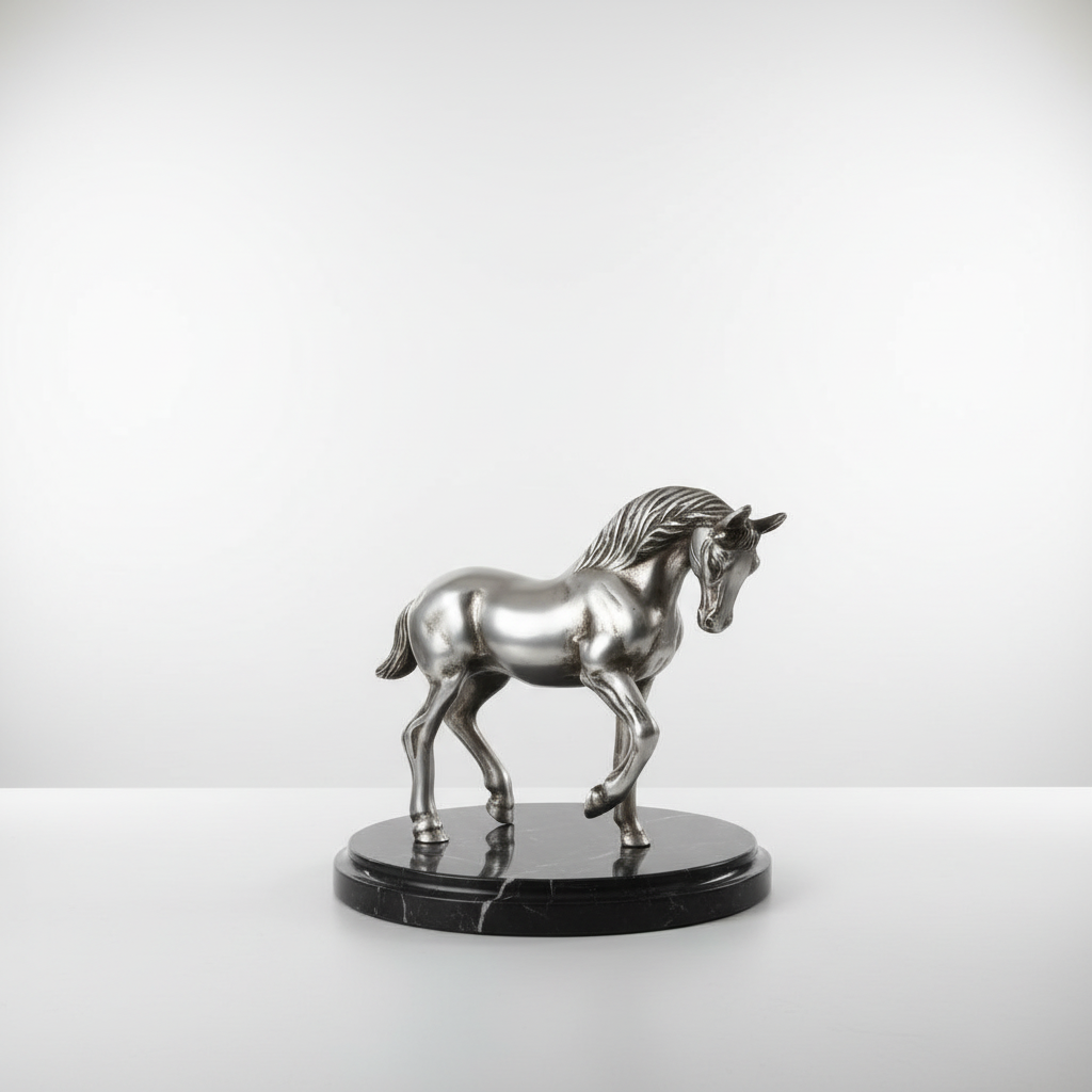 Silver horse statue on a dark marble base against a white background
