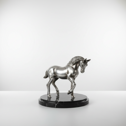Silver horse statue on a dark marble base against a white background