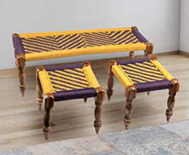Handcrafted Wooden Rope Bench Set with 2 Stools – Yellow & Purple