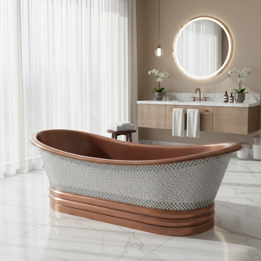 Modern bathroom with a freestanding bathtub, sink, and mirror.