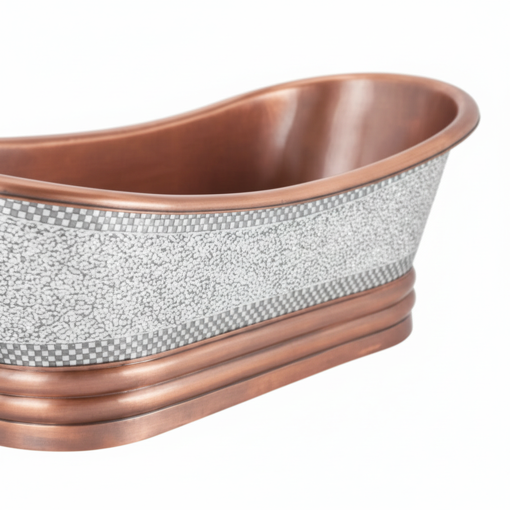Copper and textured gray planter on a white background