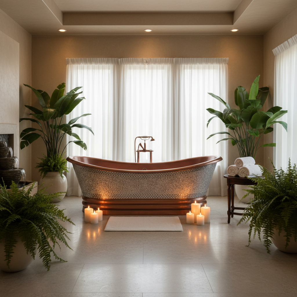 Relaxing bathroom scene with a copper bathtub, candles, and plants.