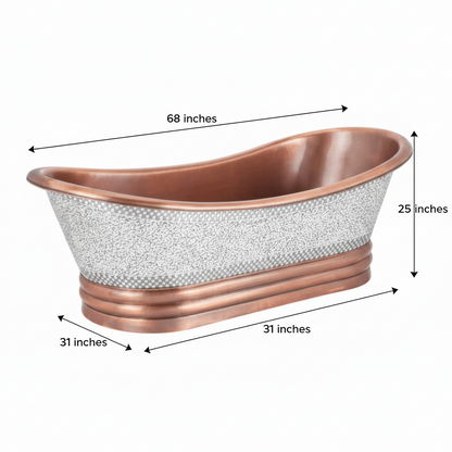 Copper bathtub with dimensions labeled on a white background