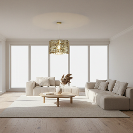 Modern living room with beige sofa, coffee table, and pendant light.