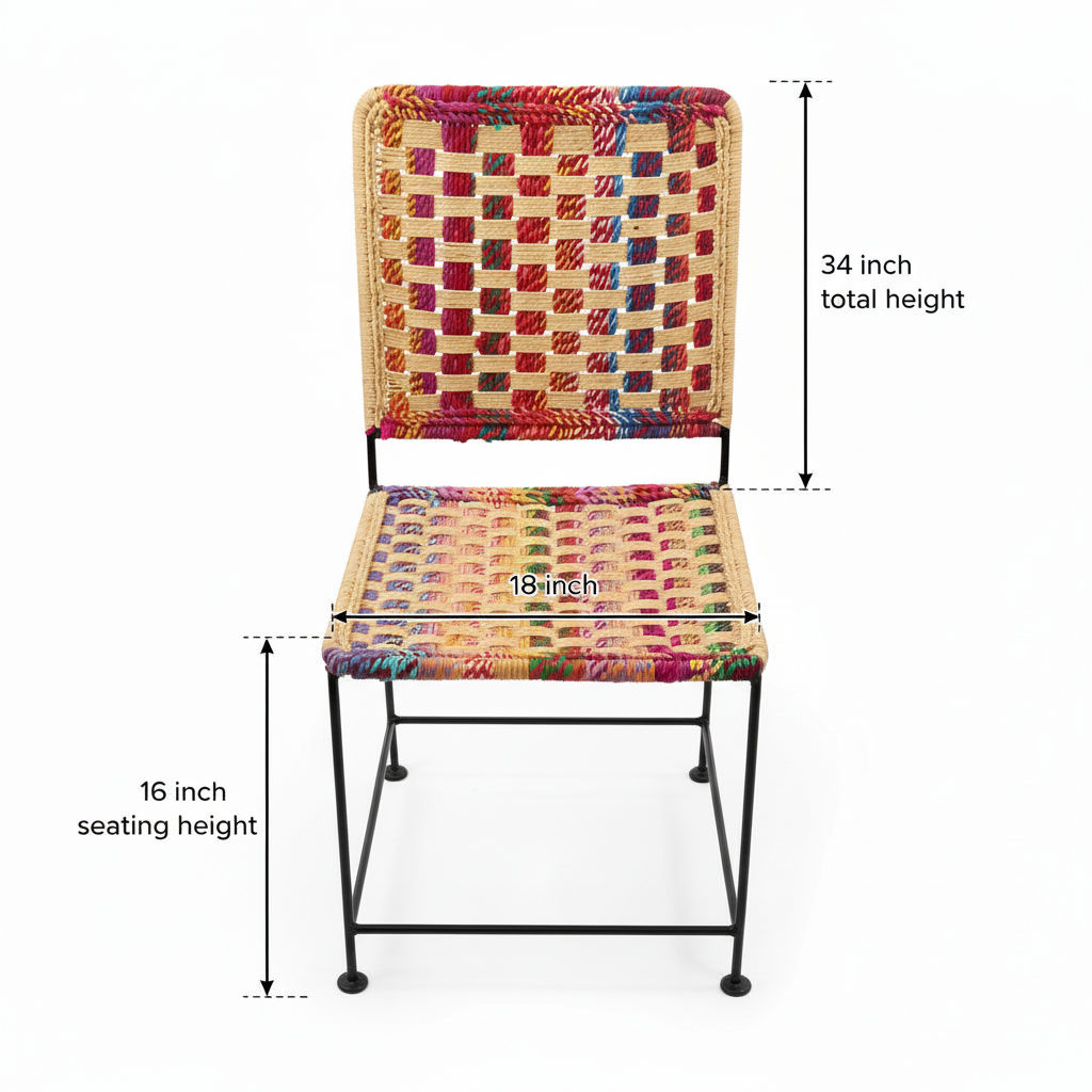 Colorful woven chair with dimensions labeled on a white background