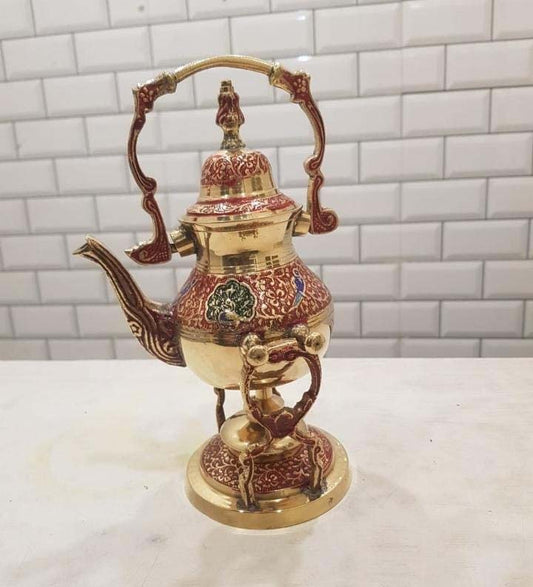 Printed Multicolour Brass Kettle with Stand – Decorative Teapot Showpiece