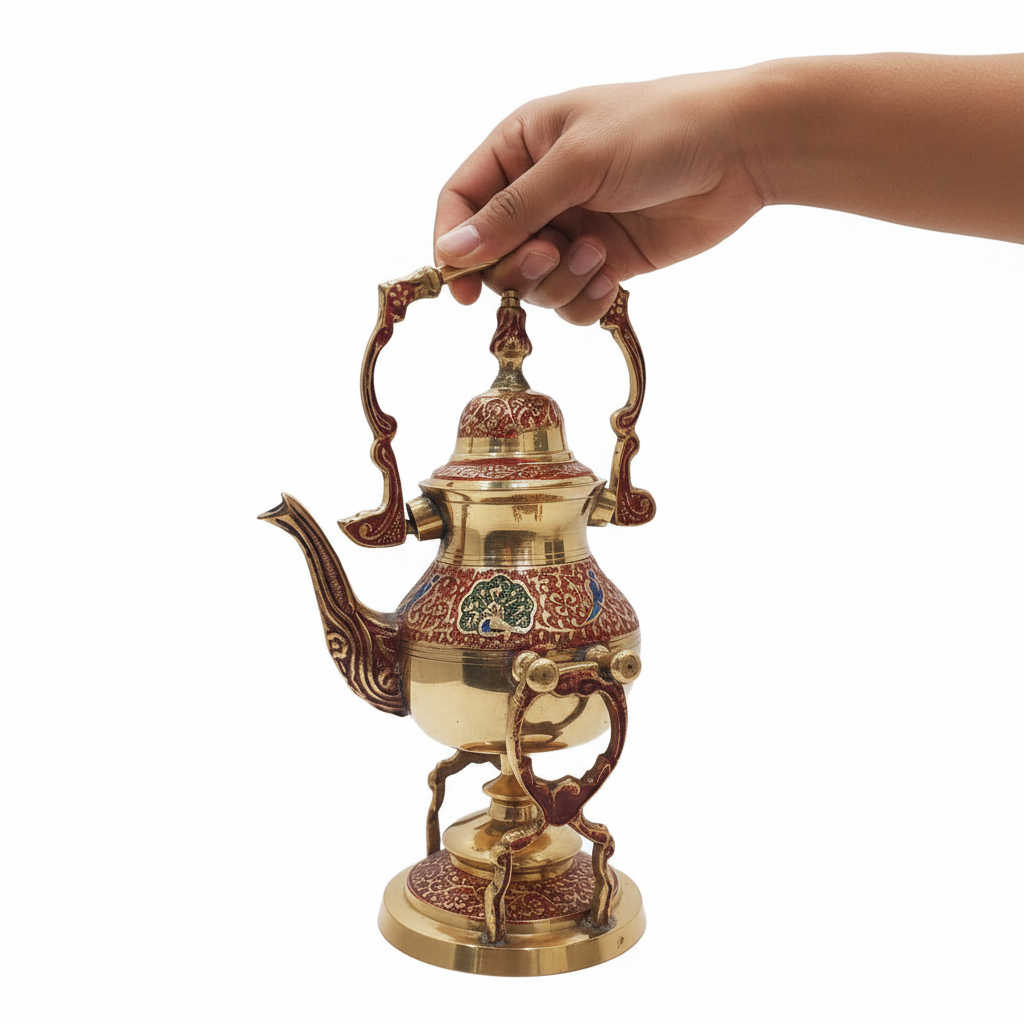 Antique Multicolour Brass Kettle with Stand