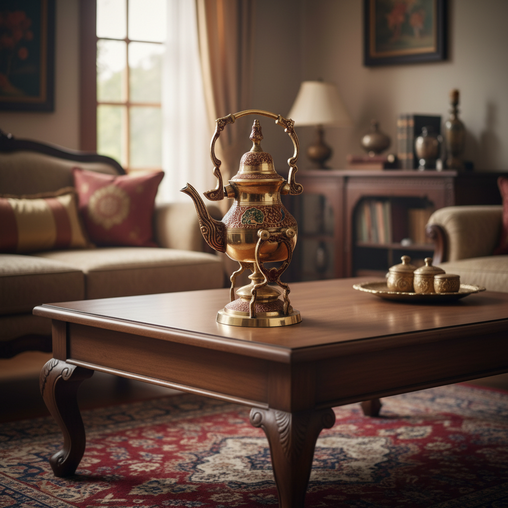 Antique Multicolour Brass Kettle with Stand