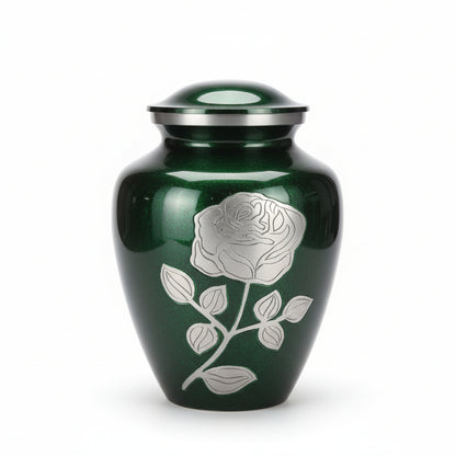 Black urn with silver rose design on a white background