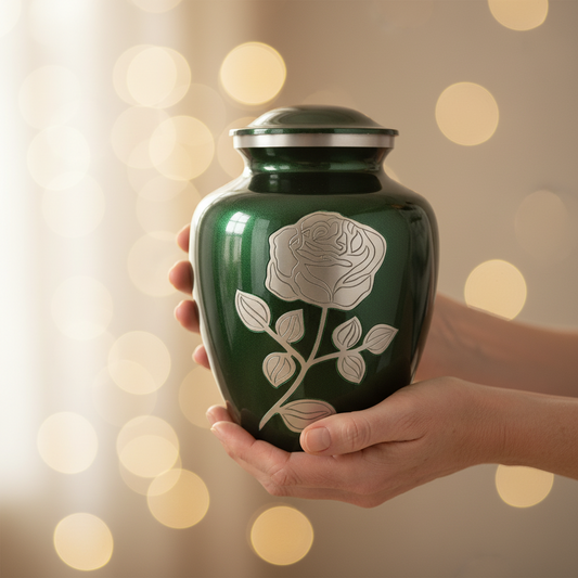 Green urn with a rose design held by a hand against a blurred background with lights