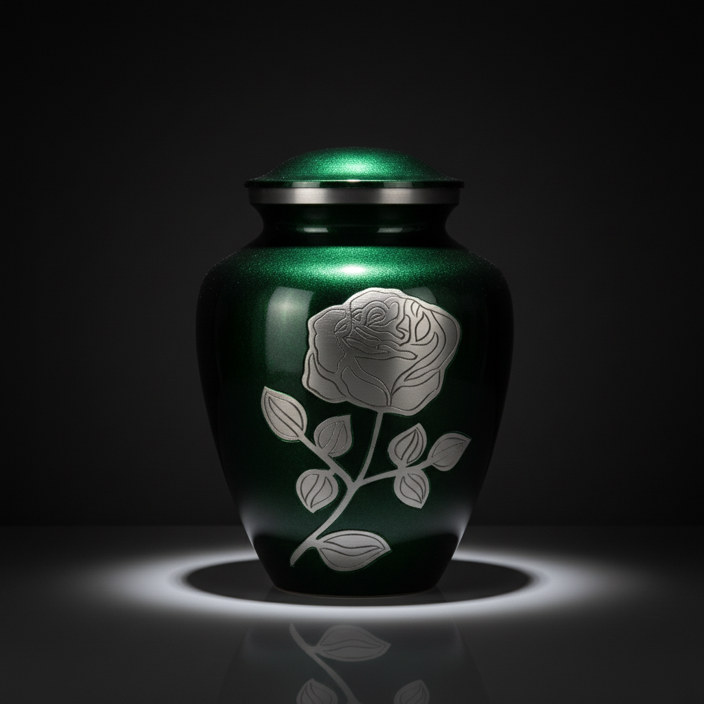 Green urn with silver rose design on a dark background
