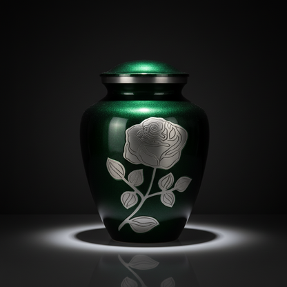 Green urn with silver rose design on a dark background