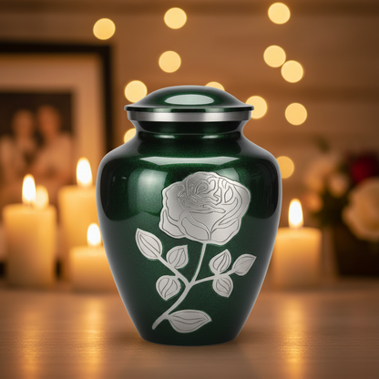Green urn with rose design on a blurred background with candles and lights