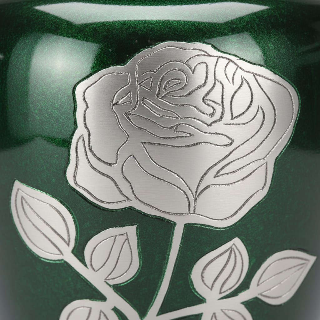 Silver rose design on a green background
