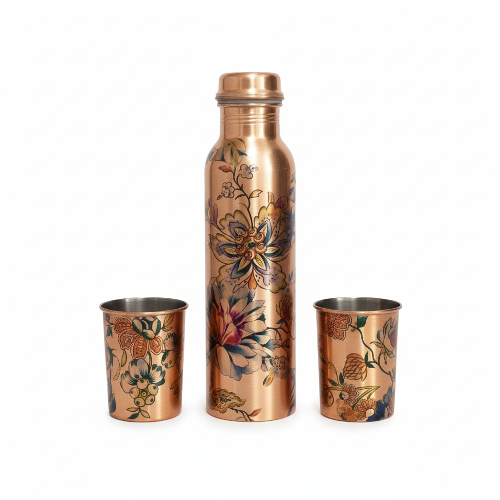 Copper water bottle and two copper cups with floral designs on a white background