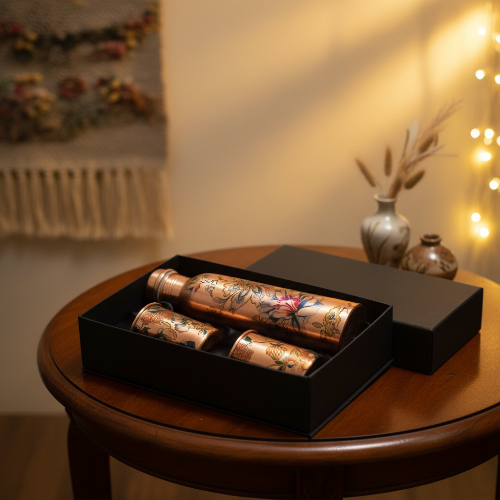 Two decorative bottles in a black box on a wooden table with warm lighting.